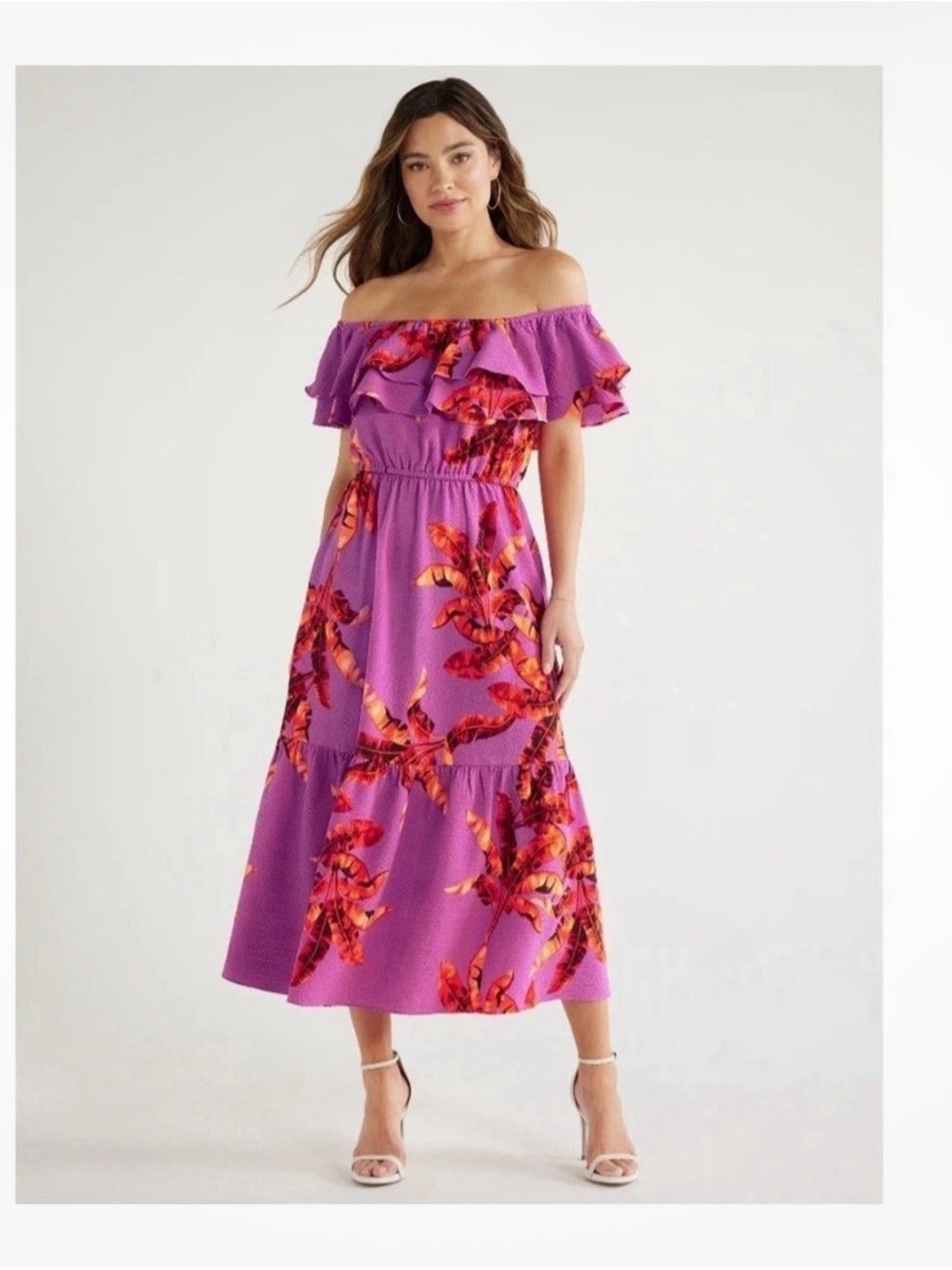 Off-Shoulder Floral Midi Dress in Magenta